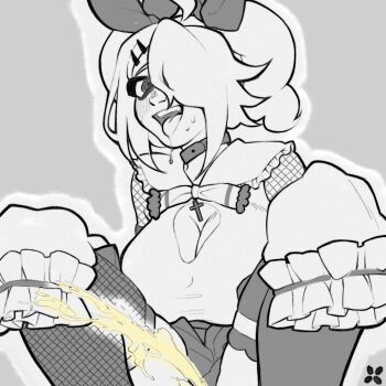 Rule 34 | 1girl, 39chan, @ @, ahoge, bow, breasts, choker, cleavage, cleavage cutout, clothing cutout, cross, cross necklace, detached sleeves, drooling, fishnets, frilled shirt collar, frilled sleeves, frills, greyscale, hair bow, hair ornament, hair over one eye, hairclip, huge breasts, ibpixxel, jewelry, monochrome, necklace, open mouth, out-of-frame censoring, outline, pee, peeing, shirt, sketch, skirt, sleeves past fingers, sleeves past wrists, solo, squatting, thighhighs, tongue, tongue out, toriko (39chan), twintails, utau, watermark