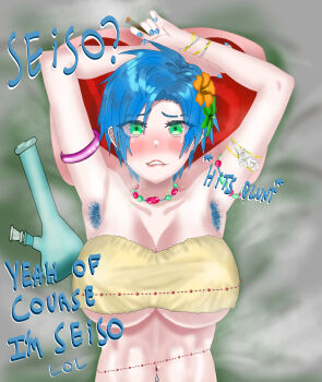 1girl absurdres alternate_breast_size armpit_crease armpit_hair arms_up bead_bracelet bead_necklace beads bed bedroom blue_hair blue_nail_polish blue_nails bong bracelet breasts drugs drugged drugged drugs ear_piercing earrings eddarxart english_text eyebrow_cut eyes_visible_through_hair flower hair_flower from_above genderswap genderswap_(mtf) green_eyes hair_flower hair_ornament highres holostars holostars_english holotempus ice imminent_penetration in_bed jewelry joint_(drug) large_breasts lying marijuana nail_polish navel navel_piercing necklace on_back piercing presenting red_eyes regis_altare smoking solo solo_focus steaming_body stomach stoned strapless talking talking tomboy tube_top underboob upper_body virtual_youtuber yes-no_pillow