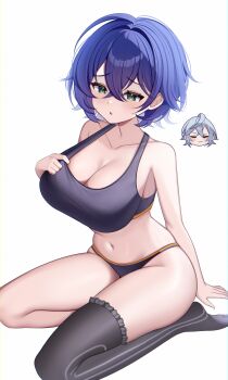 1boy 1girl absurdres arm_support bare_shoulders belle_(zenless_zone_zero) black_panties black_sports_bra black_thighhighs blue_hair blush breasts chibi chibi_inset cleavage closed_eyes collarbone commentary crossed_bangs demcheg frilled_thighhighs frills furrowed_brow green_eyes grey_hair hair_between_eyes hair_intakes hand_on_own_chest hand_up highres large_breasts legs legs_folded navel on_ground orange_trim panties parted_lips seiza short_hair sidelocks simple_background single_thighhigh sitting solo_focus sports_bra stomach symbol-only_commentary thighhighs thighs underwear white_background wise_(zenless_zone_zero) zenless_zone_zero