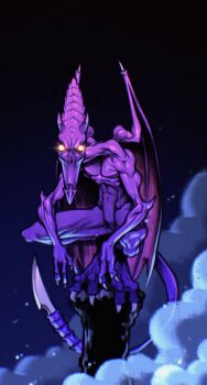 Rule 34 | 1boy, claws, colored skin, commentary, dragon, dragon wings, english commentary, glowing, glowing eyes, highres, horns, looking at viewer, metroid, mlopez.artz, nintendo, orange eyes, perched, purple skin, ridley, sharp tail, tail, wings