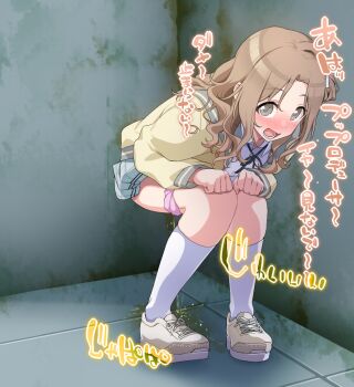 1girl bent_over blush brown_hair ichikawa_hinana idolmaster idolmaster_shiny_colors looking_at_viewer open_mouth panties panty_pull peeing puddle school_uniform solo underwear