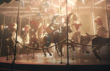 1girl absurdres ahoge aqua_hair aqua_necktie balloon black_boots black_sleeves boots carousel closed_eyes detached_sleeves hair_between_eyes hatsune_miku heart heart_balloon highres konya_karasue long_hair music necktie open_mouth shirt singing sitting sleeveless sleeveless_shirt solo thigh_boots twintails very_long_hair vocaloid