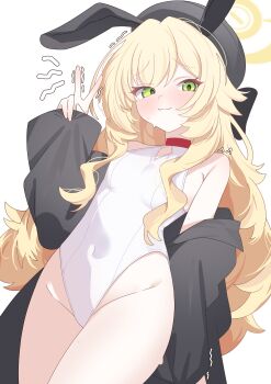 1girl :3 absurdres animal_hat bare_shoulders black_coat black_hat blonde_hair blue_archive coat cosplay fluffy_hair furrowed_brow hat highleg highleg_one-piece_swimsuit highres kanimiso30601 long_hair one-piece_swimsuit professor_niyaniya_(blue_archive) rabbit_hat seia_(blue_archive) seia_(blue_archive)_(cosplay) seia_(swimsuit)_(blue_archive) simple_background solo sweatdrop swimsuit thighs trembling v white_background