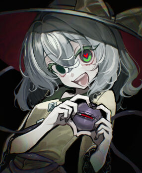 1girl aorin_oekaki black_hat black_nails bow buttons commentary_request diamond_button eyeball four-finger_heart_hands frilled_shirt_collar frilled_sleeves frills green_eyes grey_hair hat hat_bow heart heart-shaped_pupils heart_hands highres komeiji_koishi looking_at_viewer open_mouth red_eyes ribbon shirt smile solo symbol-shaped_pupils third_eye touhou unusually_open_eyes wide_sleeves yellow_bow yellow_shirt