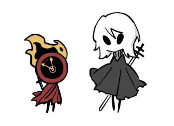 1girl 1other arthropod_girl black_cloak black_eyes black_skin blank_eyes cape cloak clock colored_skin dante_(limbus_company) faust_(project_moon) fire flaming_head full_body grey_cloak height_difference highres hollow_eyes hollow_knight hollow_knight:_silksong hornet_(hollow_knight) ivy_(675671) knight_(hollow_knight) limbus_company object_head pale_skin parody project_moon red_cloak short_hair simple_background standing style_parody sweater sword turtleneck turtleneck_sweater weapon white_background white_hair white_skin zweihander
