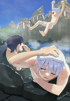 Rule 34 | 3boys, bath, bathing, black hair, black star, blue hair, death the kid, full body, highres, male focus, mekkichi, multiple boys, one eye closed, onsen, outdoors, partially submerged, same-sex bathing, shared bathing, short hair, soul eater, soul evans, steam, towel, towel on head, twitter username, water, watermark, wet