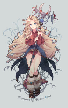 1girl ahegao blonde_hair blue_eyes coattails commentary_request copyright_name criss-cross_halter detached_sleeves fur_footwear grey_background hair_tubes halterneck head_tilt holding holding_staff imu_(lom) legend_of_mana long_hair looking_at_viewer moccasins open_mouth orb panties plant red_panties seiken_densetsu smile solo souichi staff standing underwear very_long_hair vines