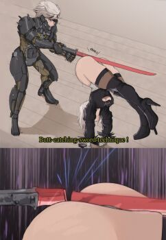 1boy 1girl 2b_(nier:automata) 2koma android ass battle black_boots boots breasts cleavage_cutout clothing_cutout comic commentary crossover curvy cyborg english_commentary english_text eyepatch handstand heattech_leotard high_heels highleg highleg_leotard highres holding holding_sword holding_weapon juliet_sleeves katana konami large_breasts leotard long_sleeves metal_gear_(series) metal_gear_rising:_revengeance nier:automata nier_(series) puffy_sleeves raiden_(metal_gear) shadow shiny_skin sleeved_leotard square_enix sword thigh_boots thighhighs thong_leotard turtleneck weapon what white_hair white_leotard wide_hips yoracrab