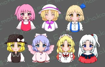 Rule 34 | 6+girls, alice margatroid, alice margatroid (pc-98), apron, black hat, blonde hair, blue eyes, blue hair, bow, closed eyes, dress, everyone, feathered wings, hair bow, hair ornament, hair ribbon, hakase (chitama shinryaku), happy, hat, hat bow, highres, louise (touhou), mai (touhou), maid, maid headdress, medium hair, multiple girls, mystic square, open mouth, pink eyes, pink hair, puffy short sleeves, puffy sleeves, red dress, ribbon, sara (touhou), shinki (touhou), shirt, short hair, short sleeves, side ponytail, smile, suspenders, touhou, touhou (pc-98), watermark, white bow, white wings, wings, yellow eyes, yuki (touhou), yumeko (touhou)