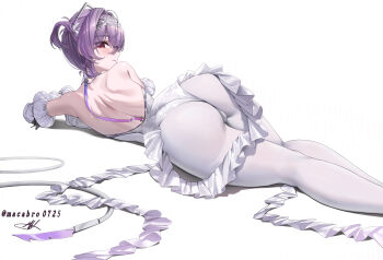 1girl absurdres ass back commentary dimples_of_venus english_commentary frilled_leotard frills from_behind goddess_of_victory:_nikke hair_intakes highres jellyfish_girl leotard liberalio_(nikke) looking_back lying macabro on_side pantyhose purple_hair red_eyes short_hair_with_long_locks shoulder_blades simple_background solo twitter_username white_background white_leotard white_pantyhose
