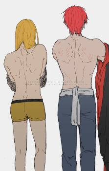 Rule 34 | 2boys, bite mark, bite mark on back, boxers, deidara (naruto), dressing, hayamin35, height difference, hickey, highres, long hair, male focus, male underwear, multiple boys, naruto (series), naruto shippuuden, pants, robe, sash, sasori (naruto), scratches, short hair, simple background, sketch, underwear, watermark, white background, white sash, yaoi