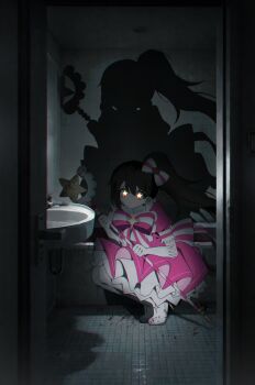 1girl back_bow bathroom bathtub black_hair blood blood_on_shoes bow bowtie brooch carmen_(project_moon) ceiling commentary_request doorway dress full_body gloves glowing glowing_eyes highres holding holding_staff indoors jewelry korean_commentary layer_(layer_illust) long_hair looking_at_viewer mage_staff magical_girl open_door pink_dress pov_doorway project_moon puffy_short_sleeves puffy_sleeves red_eyes short_sleeves side_ponytail sink smile solo squatting staff star-shaped_pupils star_(symbol) star_brooch symbol-shaped_pupils tile_ceiling tile_floor tile_wall tiles tiptoes white_bow white_gloves yellow_pupils