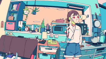 1girl akabane_1999 alarm_clock analog_clock antique_phone blue_shorts board_game book bookshelf box brown_hair cable clock closed_mouth corded_phone cowboy_shot denim denim_shorts desk desk_lamp digital_media_player english_text flat_color frying_pan hair_bun highres holding holding_phone hook indoors kettle ladle lamp ligne_claire long_sleeves looking_to_the_side microwave note original pen phone plant potted_plant red_eyes reversi shelf shorts single_hair_bun slice_of_life solo standing stove sweater table tail talking_on_phone television thermometer toilet_paper white_sweater window