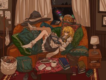 2girls apron black_skirt black_vest blonde_hair book braid cake cake_slice closed_mouth commentary_request couch crystal crystal_wings cup curtains flandre_scarlet food fork frilled_skirt frills hat highres holding holding_book hua88331 indoors kirisame_marisa lamp letter long_hair long_sleeves mob_cap mug multicolored_wings multiple_girls mushroom on_couch open_book picture_frame reading red_eyes sack shoes side_braid single_braid skirt socks table touhou unworn_hat unworn_headwear vest waist_apron white_hat white_socks window wings witch_hat yellow_eyes
