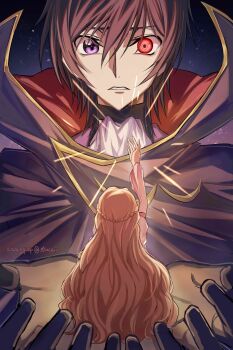 Rule 34 | 1boy, 1girl, ascot, black cloak, black gloves, braid, brother and sister, brown hair, cloak, code geass, commentary request, crown braid, dated, geass, gloves, gold trim, hair between eyes, heterochromia, highres, in palm, lelouch vi britannia, long hair, long sleeves, nunnally vi britannia, okuseric, outstretched hand, parted lips, popped collar, purple eyes, red cloak, red eyes, short hair, siblings, size difference, twitter username, two-sided cloak, two-sided fabric, upper body, wavy hair, white ascot, zero (code geass)