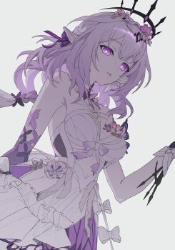 1girl absurdres bare_shoulders black_tiara breasts castorice_(honkai:_star_rail) commentary dress grey_background hair_ribbon hand_up heng_(hang_1004) highres honkai:_star_rail honkai_(series) long_hair looking_at_viewer medium_breasts parted_lips pointy_ears purple_eyes purple_hair purple_ribbon ribbon simple_background solo tiara upper_body white_dress