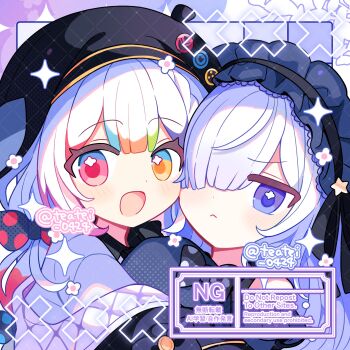 Rule 34 | 2girls, :d, black hairband, black hat, blue hair, blush, closed mouth, commentary, commission, dot nose, frilled hairband, frills, green hair, hairband, hat, heterochromia, highres, jogasaki noah, long hair, looking at viewer, mahou shoujo no majo saiban, multicolored hair, multiple girls, natsume an-an, open mouth, orange hair, portrait, purple background, purple eyes, red eyes, red hair, shirocha tei, skeb commission, smile, twitter username, watermark, white hair, winter uniform, yellow eyes