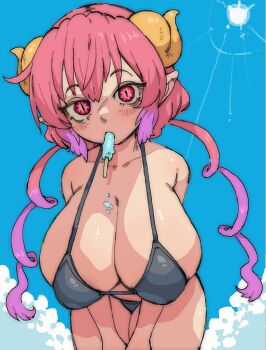 1girl bikini black_bikini blush breasts cleavage dragon_girl dragon_horns drill_hair food food_in_mouth gradient_hair hands_on_own_thighs horns huge_breasts ilulu_(maidragon) kobayashi-san_chi_no_maidragon leaning_forward lens_flare low_twintails melting_popsicle multicolored_hair outdoors pantsu-ripper pointy_ears popsicle popsicle_in_mouth purple_hair red_eyes red_hair sky slit_pupils solo standing sun swimsuit twin_drills twintails