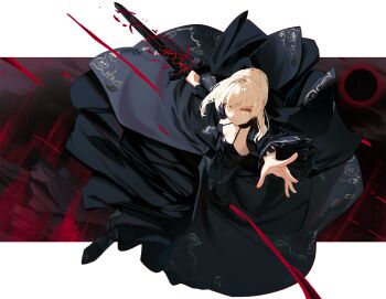 1girl artoria_pendragon_(fate) black_dress blonde_hair braid bun_with_braided_base circle_skirt commentary_request dark_persona detached_sleeves dress excalibur_morgan_(fate) fate/stay_night fate_(series) from_above full_body gothic_lolita hair_bun heaven&#039;s_feel highres holding holding_sword holding_weapon juliet_sleeves lolita_fashion long_dress long_sleeves looking_at_viewer nagishiro_mito outstretched_arms puffy_sleeves saber_alter saber_alter_(third_ascension) short_hair single_hair_bun solo sword weapon yellow_eyes
