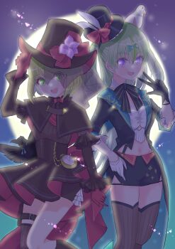 2girls absurdres animal animal_on_head arm_at_side asymmetrical_legwear backlighting bird bird_on_head black_bird black_bow black_bowtie black_capelet black_dress black_hat black_jacket black_shorts black_thighhighs blonde_hair bow bowtie capelet commentary_request crop_top crow dress eyes_visible_through_hair feet_out_of_frame flower frilled_sleeves frills full_moon gloves green_eyes green_streaks hair_between_eyes hand_on_own_hip hand_up haru_meguru hat hat_bow hat_flower heaven_burns_red highres irene_redmayne jacket long_hair long_sleeves looking_at_viewer mismatched_legwear moon multicolored_hair multiple_girls night official_alternate_costume on_head ooshima_isuzu outdoors pigeon pleated_dress pocket_watch purple_eyes purple_flower red_bow red_gloves shirt short_hair shorts side-by-side standing streaked_hair thigh_strap thighhighs top_hat two_side_up v very_long_hair watch white_bird white_gloves white_shirt zettai_ryouiki