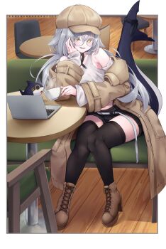 1girl absurdres alternate_costume bare_shoulders belt bespectacled black_ribbon black_shorts black_thighhighs blush boots border breasts brown_coat brown_jacket brown_shoes newsboy_cap casual cetacean_tail chair clothing_cutout coat coffee coffee_mug computer couch cross-laced_shoes cup detached_sleeves dorsal_fin fins fish_tail full_body glasses grey_hair hair_between_eyes hand_on_own_cheek hand_on_own_face hat head_rest high_heel_boots high_heels highres holding holding_cup indoors jacket lace-up_boots laptop long_hair long_sleeves looking_at_viewer mug multicolored_hair off_shoulder on_chair on_couch open_clothes open_coat open_jacket open_mouth ribbon round_eyewear rurune_(vrchat) shark_girl shark_tail shirt shoes short_shorts shorts shoulder_cutout sitting sleeveless sleeveless_shirt sleeves_past_wrists smile solo steam stuffed_animal stuffed_shark stuffed_toy table tail tail_ornament tail_ribbon tank_top teacup teeth thighhighs thighs trench_coat very_long_hair vrchat white_border white_shirt white_tank_top wide_sleeves wooden_floor yellow_eyes yuki_kawachi