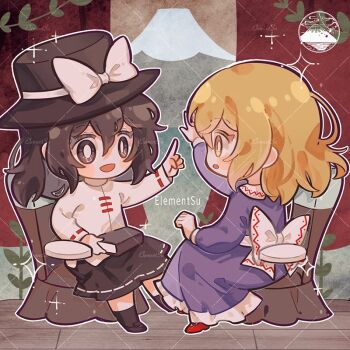 2girls black_hat blonde_hair bow brown_eyes brown_hair chair chibi dress hat hat_bow hat_ribbon holding indoors maribel_hearn multiple_girls on_chair open_mouth purple_dress ribbon ribbon-trimmed_skirt ribbon_trim short_hair simple_background sitting smile suelement touhou usami_renko white_bow yellow_eyes