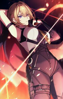 1girl absurdres arm_up bad_link black_gloves black_pants black_sleeves blonde_hair breasts earrings evelyn_chevalier gloves hair_between_eyes high-waist_pants highres jewelry looking_at_viewer medium_breasts medium_hair necktie pants pochimaru_(marumaru_wanwan) purple_eyes shirt sleeveless solo tight_clothes tight_pants white_shirt yellow_necktie zenless_zone_zero