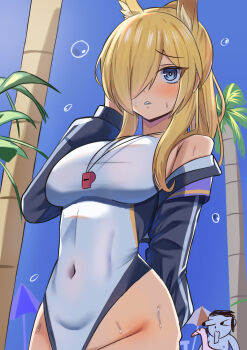 Rule 34 | 1boy, 1girl, absurdres, animal ear fluff, animal ears, blonde hair, blue archive, blue eyes, blue halo, blue jacket, competition swimsuit, covered navel, dog ears, dog girl, doodle sensei (blue archive), groin, hair over one eye, halo, highleg, highleg one-piece swimsuit, highres, iog626, jacket, kanna (blue archive), kanna (swimsuit) (blue archive), lifeguard, long hair, multicolored swimsuit, notched ear, one-piece swimsuit, palm tree, ponytail, sensei (blue archive), swimsuit, tree, whistle, whistle around neck