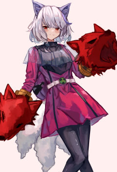 1girl alternate_costume animal_ears belt black_leggings blush closed_mouth dress highres leggings long_sleeves looking_at_viewer medium_hair mitsugashira_enoko multiple_tails pink_dress red_eyes smile solo tail touhou vanilla_flan white_hair wolf_ears wolf_girl wolf_spirit_(touhou) wolf_tail