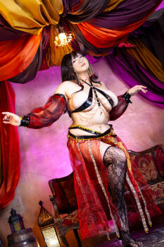 1girl asian belly belly_dancer black_hair breasts chouzuki_maryou cleavage highres large_breasts lipstick makeup photo_(medium) plump solo thick_thighs thighs underboob