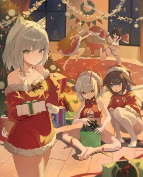 5girls :d :o ^_^ absurdres amiya_(arknights) animal animal_ear_fluff animal_ears arknights arms_up bare_shoulders barefoot black_cat black_hair blonde_hair blue_eyes blurry bomb breasts bright_pupils brown_hair bunting cape cat ceobe_(arknights) christmas closed_eyes closed_mouth collarbone detached_sleeves dress explosive exusiai_(apple)_(arknights) feet fur-trimmed_cape fur-trimmed_dress fur-trimmed_sleeves fur_trim gift green_eyes grey_hair hair_between_eyes halter_dress halterneck highres holding holding_bomb holding_gift indoors kal'tsit_(arknights) knees_apart_feet_together light_blush long_hair long_sleeves looking_at_another looking_at_viewer looking_down medium_breasts medium_hair miss_christine_(arknights) mon3tr_(arknights) multiple_girls no_shoes open_mouth orange_eyes outstretched_arms pennant pillow pom_pom_(clothes) red_cape red_dress red_sleeves revealing_clothes rug running santa_costume santa_dress short_dress sitting sleeves_past_fingers sleeves_past_wrists smile sparkle squatting standing thighhighs w_(arknights) white_pupils white_thighhighs window yorei_8338