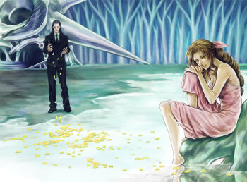 1boy 1girl aerith_gainsborough bare_arms barefoot bindi black_footwear black_hair black_jacket black_pants black_suit braid braided_ponytail breasts brown_hair cleavage closed_eyes dress final_fantasy final_fantasy_vii forest forgotten_city formal_clothes full_body green_eyes hair_rings hair_slicked_back jacket lake long_dress long_hair looking_at_viewer medium_breasts nature necktie outdoors own_hands_together pants parted_bangs petals petals_on_liquid pink_dress pink_ribbon plant_roots ribbon seashell shell shirt sidelocks sitting sleeping_forest smile soaking_feet square_enix suit tetra_takamine tseng turks_(ff7) wavy_hair white_shirt