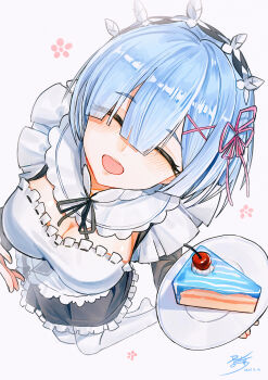 1girl absurdres apron blue_hair blunt_bangs blush breasts cake cake_slice center-flap_bangs cherry cleavage closed_eyes commentary dated facing_up food from_above fruit grey_background hair_ornament hair_over_one_eye hair_ribbon highres holding holding_food holding_plate maid maid_apron maid_headdress no_shoes open_mouth pantyhose plate re:zero_kara_hajimeru_isekai_seikatsu rem_(re:zero) ribbon short_hair signature smile solo teeth upper_teeth_only white_pantyhose x_hair_ornament yisjhui