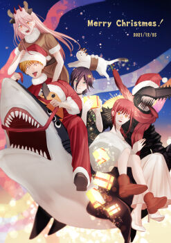2boys 3girls 3others absurdres antlers bad_id bad_pixiv_id beam_(chainsaw_man) black_hair blonde_hair blue_eyes blue_sky braid braided_ponytail brown_dress chainsaw chainsaw_devil chainsaw_man cross-shaped_pupils denji_(chainsaw_man) dress extra_eyes fake_antlers floating fur-trimmed_jacket fur-trimmed_pants fur_trim hair_between_eyes hair_ornament hat highres horns intestines jacket kotochi_re long_hair looking_at_viewer makima_(chainsaw_man) medium_hair meowy_(chainsaw_man) merry_christmas multiple_boys multiple_girls multiple_others night open_mouth orange_eyes pants pink_hair power_(chainsaw_man) purple_hair red_hair red_jacket red_pants reindeer_antlers reze_(chainsaw_man) ringed_eyes santa_hat scar shark sharp_teeth short_hair sky star_(symbol) star_hair_ornament symbol-shaped_pupils teeth tongue tongue_out white_dress yellow_eyes