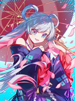 Rule 34 | 1girl, :d, artist request, bare shoulders, blue background, blue eyes, chinese commentary, cho kaguya-hime!, commentary request, commission, floating hair, frilled sleeves, frills, grey hair, hair ornament, hair rings, hair stick, highres, holding, holding umbrella, japanese clothes, kimono, long hair, long sleeves, looking at viewer, oil-paper umbrella, open mouth, petals, purple kimono, red umbrella, runami yachiyo, second-party source, smile, solo, twintails, umbrella, very long hair, wide sleeves