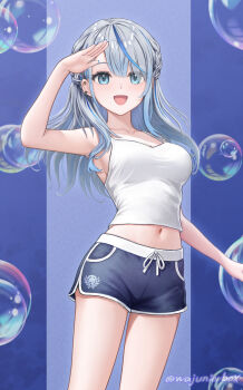 1girl alternate_costume amagai_ruka arm_up blue_pants blue_streaks breasts bubble cleavage commentary english_commentary green_eyes grey_hair highres long_hair looking_at_viewer medium_breasts multicolored_hair navel open_mouth pants shirt sidelocks smile solo streaked_hair virtual_youtuber wajuniorbox weather_planet white_shirt