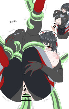 1boy 1girl absurdres anal ass black_hair blue_archive blush bodysuit breasts censored cleavage commentary_request cum cum_on_body cum_on_breasts cum_on_upper_body halo headgear highres large_breasts long_hair morimoto_kiyona nipples penis ponytail pussy red_eyes ringed_eyes rio_(armed)_(blue_archive) rio_(blue_archive) simple_background tentacles white_background