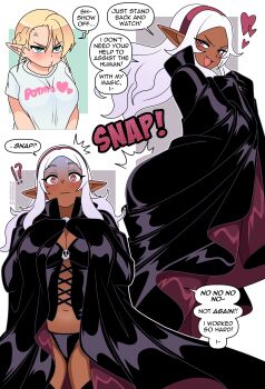 2girls absurdres black_bustier black_cloak blonde_hair blush braid bustier cloak dark-skinned_female dark_elf dark_skin elf elf-san_wa_yaserarenai. elfuda_(elf-san_wa_yaserarenai.) embarrassed english_text hairband highres inconvenient_ass kuroeda_(elf-san_wa_yaserarenai.) long_hair long_pointy_ears mole mole_under_eye multiple_girls multiple_views nico-neko pointy_ears shirt skull_ornament smug speech_bubble wardrobe_malfunction white_hair white_shirt