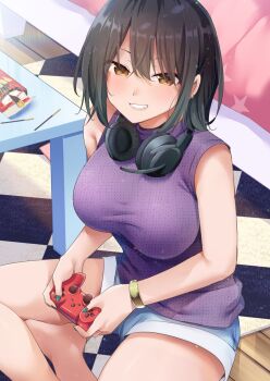 1girl barefoot black_hair blurry blurry_background bracelet breasts brown_eyes commentary_request controller game_controller green_nails grin hair_between_eyes headphones headphones_around_neck highres indoors jewelry large_breasts looking_at_viewer medium_hair nail_polish original purple_shirt revision ryouma_(galley) shirt short_shorts shorts sitting sleeveless sleeveless_shirt smile table textless_version tile_floor tiles