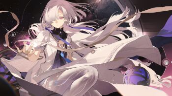 1girl absurdres breasts chongzhen_085 closed_mouth dress earrings floating_hair grey_hair hair_over_one_eye hand_up highres jacket jewelry long_hair looking_at_object mornye_(wuthering_waves) planet purple_dress red_eyes see-through_body sitting sky small_breasts solo space star_(sky) starry_sky triangle_earrings white_jacket wuthering_waves