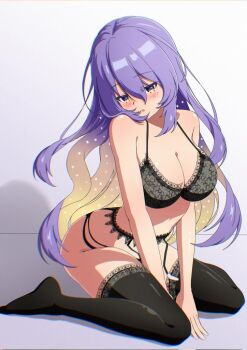 Rule 34 | 1girl, black bra, black garter belt, black thighhighs, blonde hair, blush, bra, breasts, choker, colored inner hair, commentary, garter belt, hair between eyes, hololive, hololive indonesia, kaiyen, large breasts, long hair, moona hoshinova, multicolored hair, purple eyes, purple hair, shadow, solo, star (symbol), thighhighs, underwear, untranslatable commentary, virtual youtuber