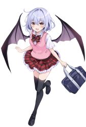 Rule 34 | 1girl, absurdres, alternate costume, bag, bat wings, black footwear, black thighhighs, blue hair, blush, bow, bowtie, commentary request, frilled skirt, frills, highres, holding, holding bag, hyurasan, looking at viewer, miniskirt, open mouth, pink sweater, plaid, plaid bow, plaid skirt, red bow, red eyes, red skirt, remilia scarlet, school bag, school uniform, shirt, short hair, short sleeves, simple background, skirt, solo, standing, standing on one leg, sweater, sweater vest, teeth, thighhighs, touhou, upper teeth only, white background, white shirt, wings, zettai ryouiki