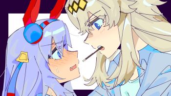 2girls animal_ears blue_eyes blue_hairband blue_jacket blush chocolate ear_covers ear_ornament emlynmoon eye_contact face-to-face fang food food_in_mouth grey_hair hair_between_eyes hair_ornament hairband headband highres holding holding_food horse_ears horse_girl imminent_kiss incoming_pocky_kiss jacket long_hair looking_at_another mouth_hold multicolored_hair multiple_girls oguri_cap_(umamusume) open_clothes open_jacket open_mouth pocky pocky_day pocky_in_mouth pocky_kiss red_headband shared_food shirt striped_clothes striped_hairband sweat tamamo_cross_(umamusume) teeth umamusume upper_body upper_teeth_only white_shirt yuri