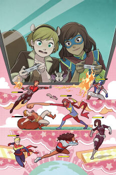 2boys 5girls acorn_earrings america_chavez animal_ear_hairband animal_ears black_bodysuit black_shorts blonde_hair blue_eyes bodysuit brown_eyes brown_hair buck_teeth captain_marvel carol_danvers character_request comic_cover commentary_request controller curly_hair dark-skinned_female dark_skin domino_mask dual_persona eye_mask fake_animal_ears fighting fire game_controller gloves green_eyes gurihiru hairband health_bar highres holding holding_controller holding_game_controller holding_shield kamala_khan long_hair marvel marvel_rising mask ms._marvel multiple_boys multiple_girls official_art open_mouth orange_hair playing_games pyrokinesis red_gloves red_scarf scarf shield short_hair shorts squirrel squirrel_ears squirrel_girl_(marvel) squirrel_tail superhero_costume tail teeth textless_version tippy-toe young_avengers