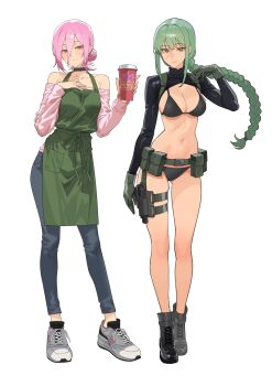 absurdres ankle_boots apron arm_at_side bare_shoulders barista belt belt_pouch bikini black_bikini black_boots boots braid braided_ponytail breasts bright_pupils chainsaw_man choker coffee commentary contrapposto denim english_commentary floating_hair full_body gloves gluteal_fold green_belt green_gloves green_hair grey_hair gun hair_bun hand_up handgun head_tilt highres holster holstered jeans kuso_otoko large_breasts light_smile long_sleeves looking_at_viewer makima_(chainsaw_man) medium_breasts navel orange_eyes pants parted_lips pink_hair pink_shirt pouch red_eyes reze_(chainsaw_man) scar scar_on_face shirt shoes shrug_(clothing) sidelocks simple_background skindentation smile sneakers solo standing swimsuit tachi-e tactical_clothes thigh_holster thigh_strap weapon white_background white_pupils