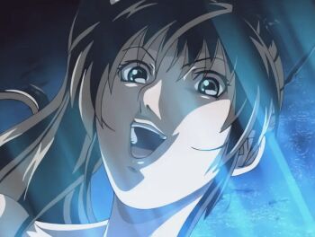 00s 1futa 2003 animated animated_gif anime_screenshot basement bible_black bible_black_night_of_the_walpulgiss blush brown_hair futanari hair_ornament imari_kurumi implied_futanari implied_sex light_rays long_hair open_mouth ritual side_ponytail smile solo sweat