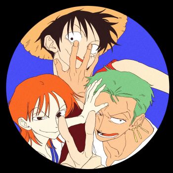 1girl 2boys black_eyes black_hair blue_background brown_eyes closed_mouth collarbone commentary earrings facial_scar green_hair hand_on_another&#039;s_head hat hiems_xii highres jewelry looking_at_viewer monkey_d._luffy multiple_boys nami_(one_piece) one_piece open_mouth orange_hair roronoa_zoro scar scar_on_cheek scar_on_face shirt short_hair straw_hat straw_hat_pirates upper_body v white_shirt