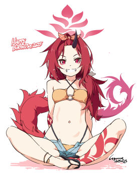 1girl bangs_pinned_back bikini bikini_bottom_under_shorts bikini_under_clothes blue_archive breasts denim denim_shorts dragon_girl dragon_horn dragon_tail flip-flops hairband halo highres horns long_hair looking_at_viewer navel o-ring o-ring_bikini official_alternate_costume open_clothes open_shorts orange_hairband red_eyes red_hair red_halo red_tail renge_(blue_archive) renge_(swimsuit)_(blue_archive) sandals shikei shorts single_horn sitting small_breasts smile solo swimsuit tail yellow_bikini