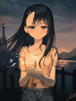 1girl asymmetrical_bangs black_hair blurry blurry_background blush breasts brown_eyes casual commentary_request dark-skinned_female dark_skin denim earclip fireworks highres ijiranaide_nagatoro-san light_smile lighthouse long_hair michelan midriff_peek nagatoro_hayase night ocean pier small_breasts solo sparkler
