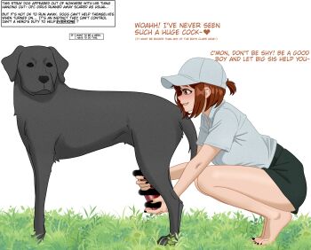 absurdres animal_penis bare_legs barefoot bestiality black_nails blush boku_no_hero_academia brown_hair dog dog_penis english_text feet grass handjob hdreams_art highres kneeling looking_at_another penis reach-around school_uniform short_hair uraraka_ochako